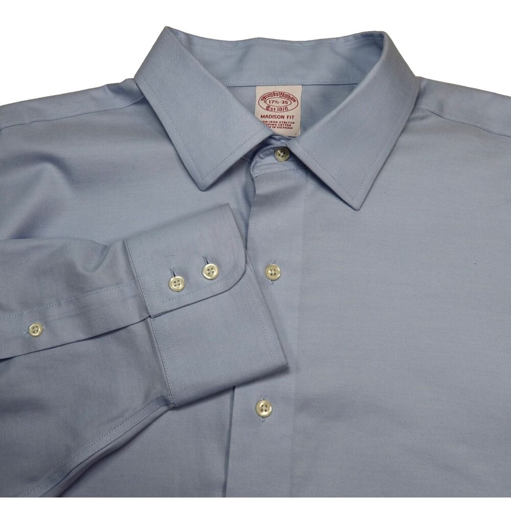 Brooks Brothers Madison Shirt Mens 17.5x35 Solid Blue Button-Up Non-Iron Stretch